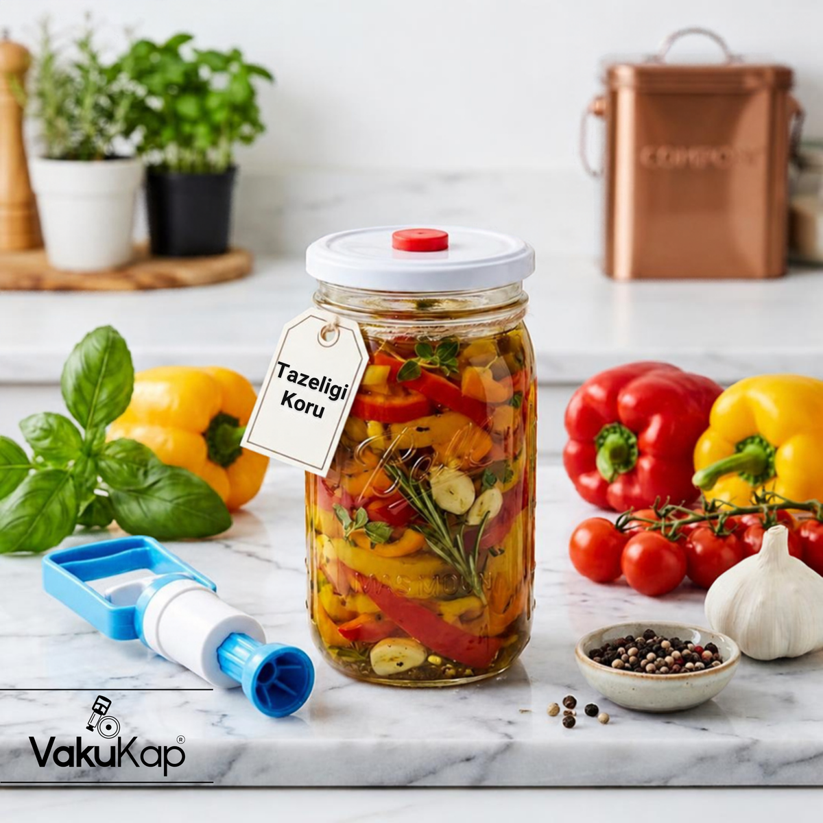VakuKap - Mekanik Cam Kavanoz Vakumlama Seti (Vakum Pompası + Valfli Kapak)