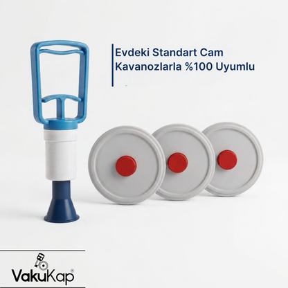 VakuKap - Mekanik Cam Kavanoz Vakumlama Seti (Vakum Pompası + Valfli Kapak)