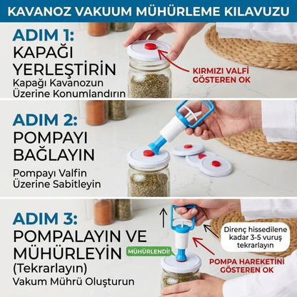 VakuKap - Mekanik Cam Kavanoz Vakumlama Seti (Vakum Pompası + Valfli Kapak)